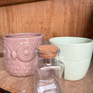 Owl and Textured Planter Set with Glass Jar